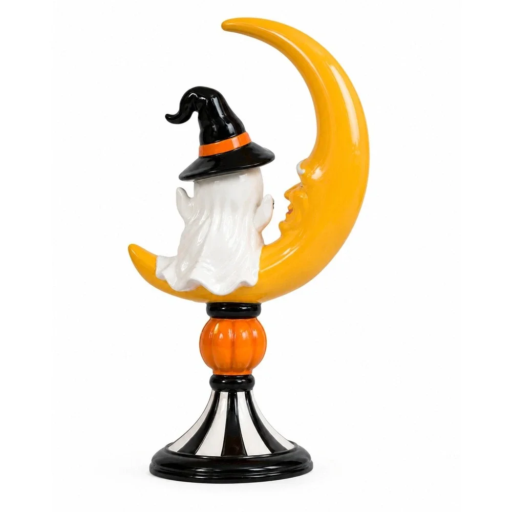 Mackenzie Childs Style Ghost Sitting on Moon Decor Halloween Figurine NEW
